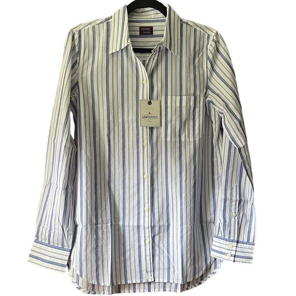 NWT Untuckit Womens Pinot Perse Blue White Striped Button Up Shirt Long Sleeve 4 - Picture 1 of 10